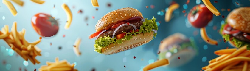 A photo of fast food floating in the air, surrounded in the style of burgers and fries, with bright colors and detailed textures on each item.