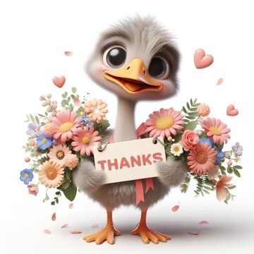 Cute character 3D image of Ostrich with flowers and saying thanks white background
