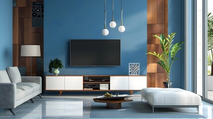 Modern tv stand design with blue wall with decoration.