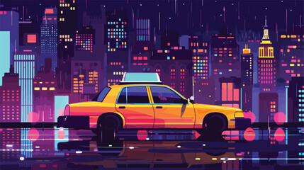 Taxi cab on backround of night city 2d flat cartoon