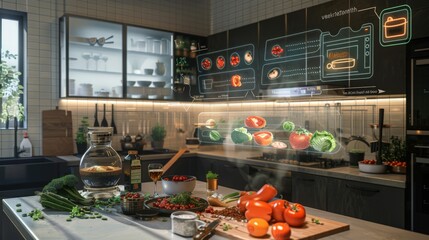 A kitchen where an AI recipe assistant subtly suggests ingredient substitutions, enhancing culinary creativity and efficiency.