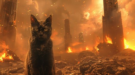 A time-traveling cat with eyes reflecting a world of fiery despair stands amidst smoldering furnaces in an apocalyptic wasteland. - obrazy, fototapety, plakaty