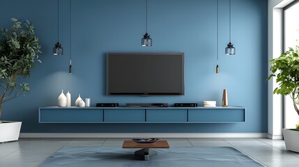 Modern tv stand design with blue wall with decoration.