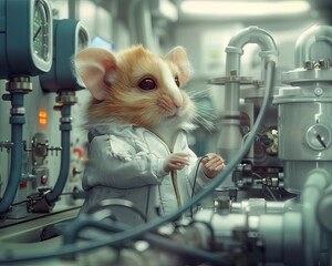 Hamster in professional wear fine-tunes a water filtration system design, realistic ,  cinematic style. - obrazy, fototapety, plakaty