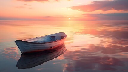 Tranquil Sunset at Sea - Lonely Boat on Calm Waters - Golden Hour Serenity - obrazy, fototapety, plakaty