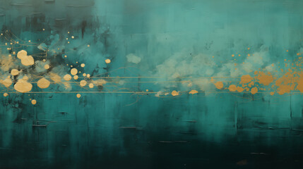 Minimal abstract painting of water's surface, turquoise blue background with gold, yellow spots and drips.
