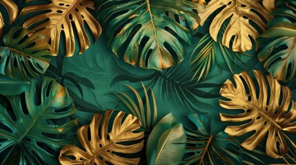 Green Wallpaper with Golden Leaf Patterns. Monstera Design - obrazy, fototapety, plakaty