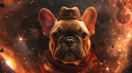 A tearful baby French Bulldog, wearing a sailor's hat, drifts in a space filled with black holes, surrounded by a somber melody. - obrazy, fototapety, plakaty