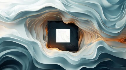 Abstract background featuring gold fantasy elements and a mysterious black box, with baby blue and white hues. Emphasizes negative space in a minimalist style.