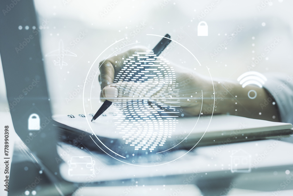 Aufkleber double exposure of abstract creative fingerprint hologram with hand writing in notepad on background
