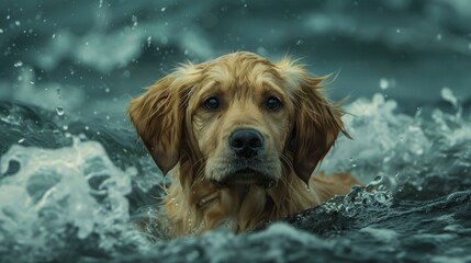 A vulnerable baby Golden Retriever lost at sea, eyes filled with pain, in the midst of a storm. A powerful image of loyalty and trust.