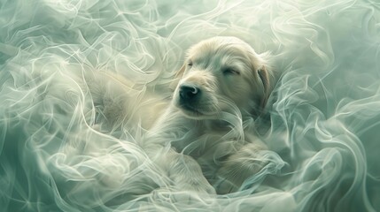 A peaceful baby-Labrador surrounded by a heavenly glow, lost in a tranquil whirlwind of soft light.