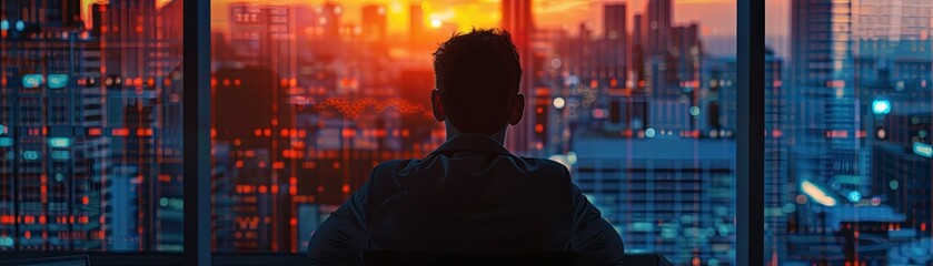 In the glow of dawn, a CEO reviews the global market's opening numbers, realistic ,  cinematic style. - obrazy, fototapety, plakaty