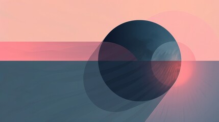 Abstract eclipse design with blue and pastel pink hues, highlighting negative space and minimalism. A balanced color scheme creates a serene and modern piece.