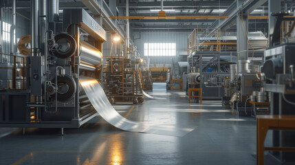 Naklejka premium A plastic film extrusion plant with extruders and winding machines, momentarily silent but ready to produce plastic films of various thicknesses and properties