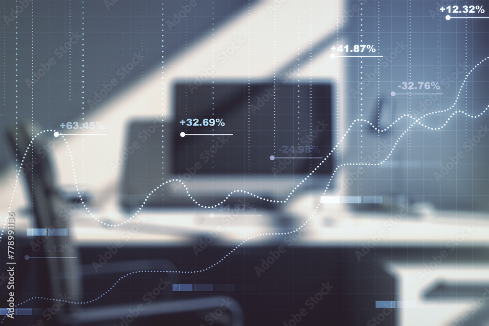 Poster abstract creative stats data concept and modern desktop with computer on background. multiexposure