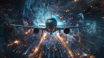 A dramatic depiction of an airplane passing through a space-time warp dimension - obrazy, fototapety, plakaty