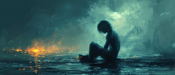 A figure sitting alone, overcome with sorrow and a sense of loss