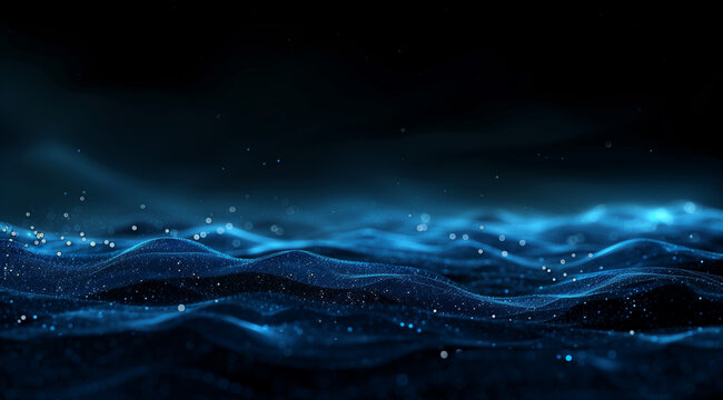 Blue lines float like waves on a black background, technology or digital style blue and black background. Can be used as computer desktop wallpaper and slideshow background with black whiteout areas
