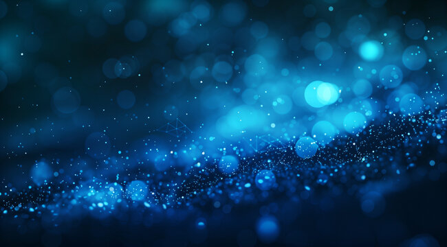 Blue dots float like waves on a black background, technology or digital style blue and black background. Can be used as computer desktop wallpaper and slideshow background with black whiteout areas