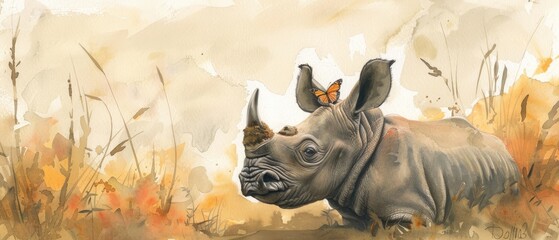 A baby rhino with a watercolor butterfly resting on its nose