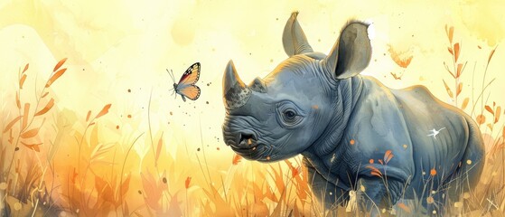 A baby rhino with a watercolor butterfly resting on its nose - obrazy, fototapety, plakaty