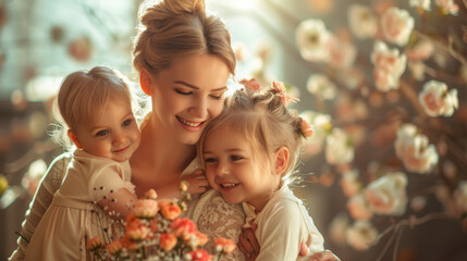 Loving Mother Embracing Her Children Amongst Blossoms