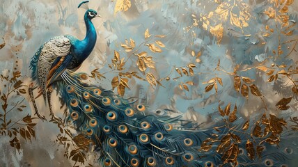 A mesmerizing blend of nostalgia and modernity, with a peacock gracefully portrayed amidst golden...