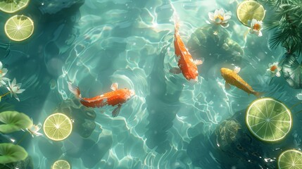 Serene Koi Pond with Floating Lime Slices