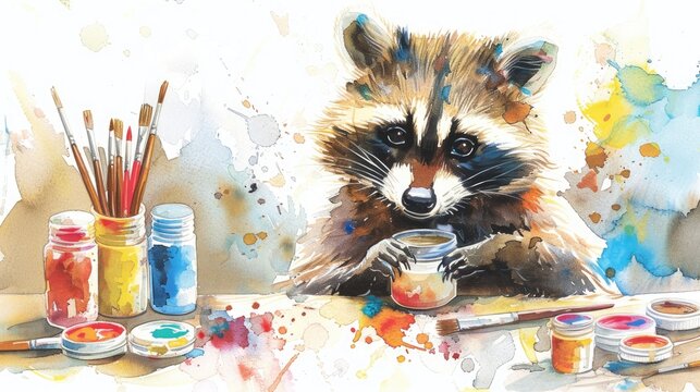 A cheeky watercolor raccoon with its hands dipped in a paint jar