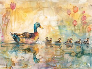 A mother duck leading her ducklings across a pastel watercolor pond - obrazy, fototapety, plakaty