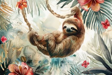 Naklejka premium A sleepy sloth hanging from a watercolor tree