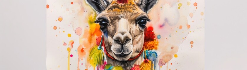A watercolor painting of a llama adorned with colorful pom-poms and tassels