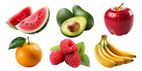 Mixed fruit set: avocado, watermelon, apple, orange, raspberry, banana, fruit that is beneficial and high in vitamins