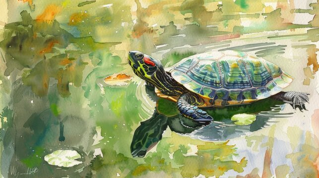 A watercolor painted turtle lazily swimming in a sun-dappled pond
