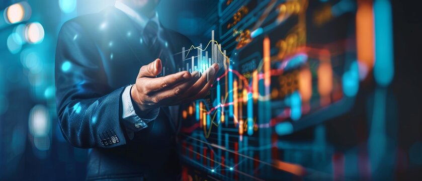 Analytical businessman plans 2024 business growth, strategy digital marketing, income, economy, stock market trends, and business, technical analysis.