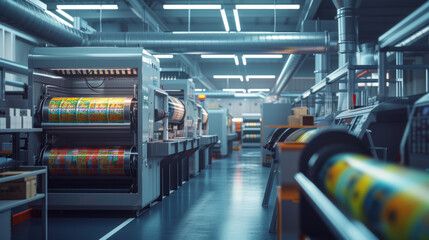 A packaging material printing facility with printing machines and color management systems, momentarily still but ready to print vibrant and accurate designs on packaging materials