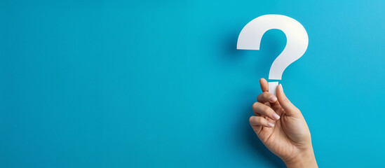 female hand grasping a paper question mark on blue background, generative ai