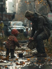 A parent teaching their child to beg, showing a moment of survival and care in an urban setting