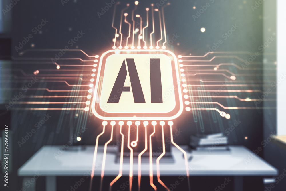 Aufkleber creative artificial intelligence symbol concept and modern desktop with computer on background. mult