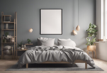 Mock up poster frame in hipster bedroom interior background scandinavian style 3D render 3D illustra