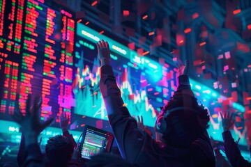 An animated stock market scene showing traders celebrating as profit margins soar - obrazy, fototapety, plakaty