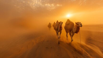 Camels resilient in harsh sahara sandstorm, surviving in raw conditions and challenging environment - obrazy, fototapety, plakaty