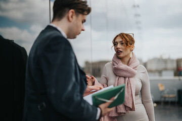 Obraz premium A group of young business individuals in an urban outdoor area engaged in a serious discussion about project planning, costs, and strategies for growth.