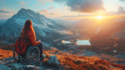 A woman in a wheelchair scaling a mountain peak, her determination and perseverance etched on her face The vast landscape stretches behind her, bathed in morning light - obrazy, fototapety, plakaty
