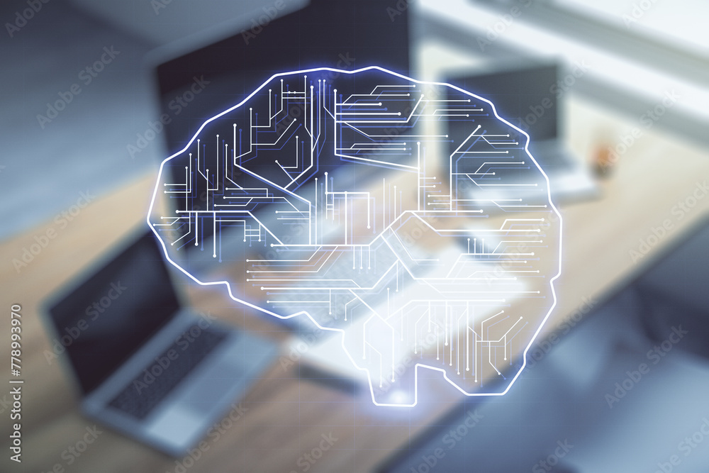 Wall mural double exposure of creative human brain microcircuit and modern desk with computer on background. fu