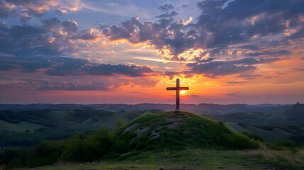 Cross proudly positioned atop hill, framed by expansive sky