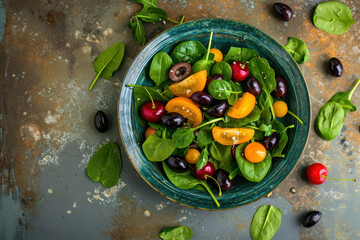 Fresh and vibrant spinach salad with cherry tomatoes and black olives on rustic wooden table top view frame