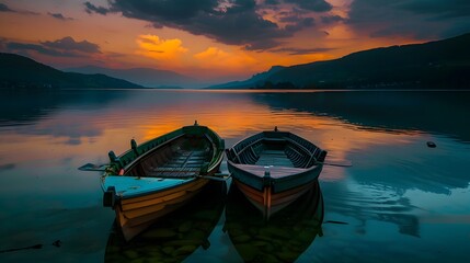 Twin boat at lake in Twilight after sunset
