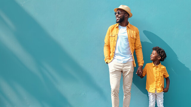 boy and his father leaning against color wall with shadow, generative ai